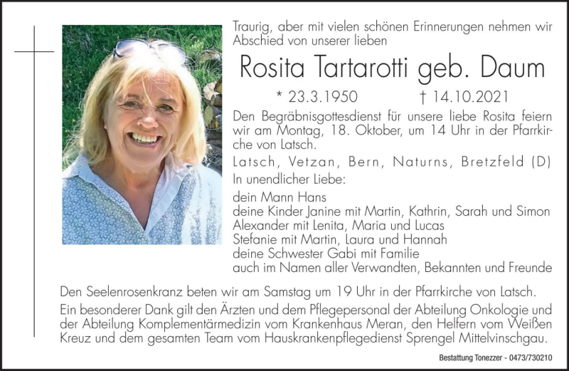  Traueranzeige für Rosita Tartarotti vom 16.10.2021 aus Dolomiten