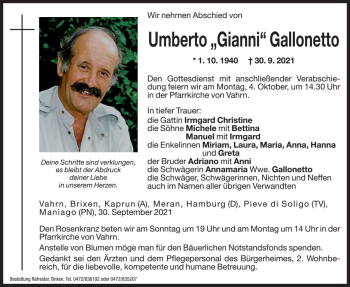 Traueranzeige von Umberto „Gianni“ Gallonetto von Dolomiten