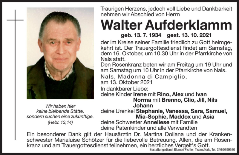  Traueranzeige für Walter Aufderklamm vom 15.10.2021 aus Dolomiten