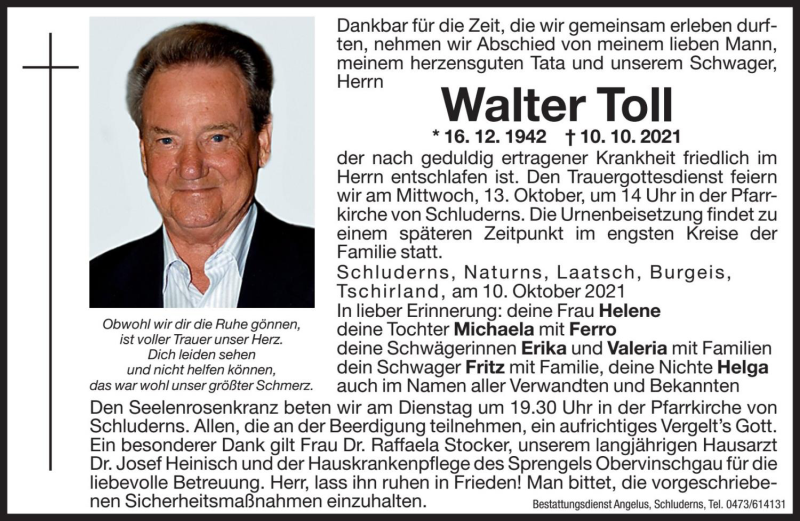  Traueranzeige für Walter Toll vom 12.10.2021 aus Dolomiten