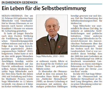Traueranzeige von Sepp Mitterhofer von Dolomiten