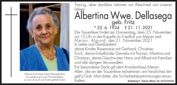 Traueranzeige von Albertina Dellasega von Dolomiten