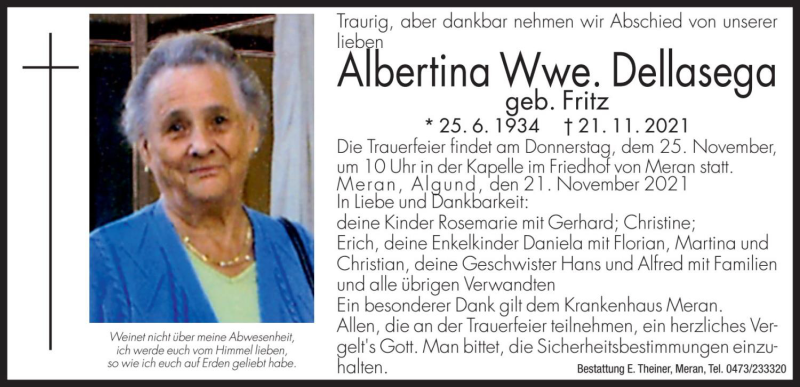  Traueranzeige für Albertina Dellasega vom 23.11.2021 aus Dolomiten