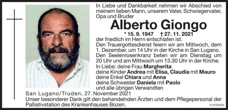  Traueranzeige für Alberto Giongo vom 29.11.2021 aus Dolomiten