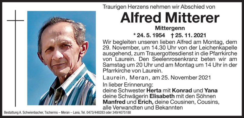  Traueranzeige für Alfred Mitterer vom 27.11.2021 aus Dolomiten
