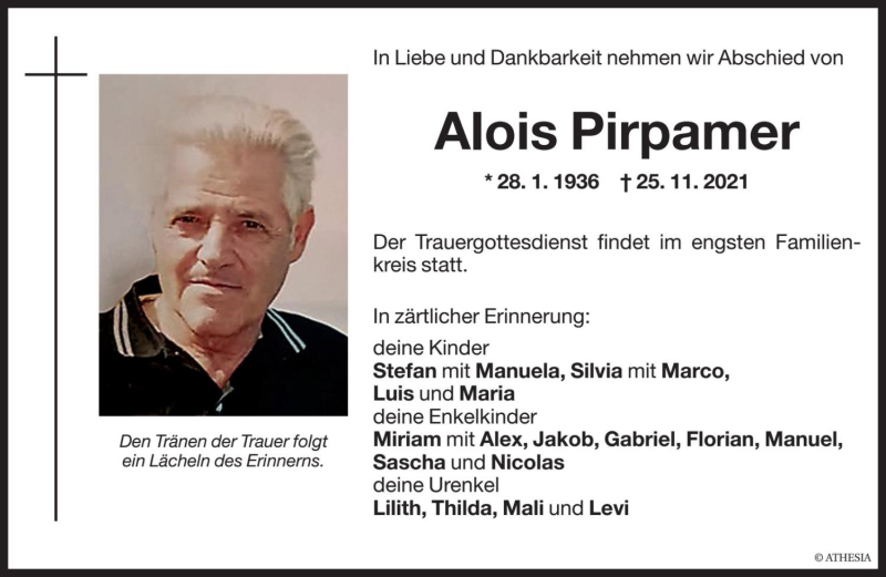  Traueranzeige für Alois Pirpamer vom 27.11.2021 aus Dolomiten
