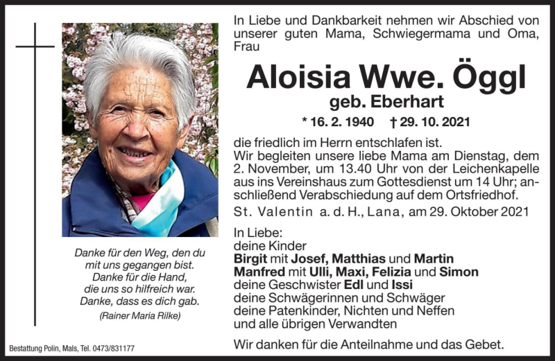  Traueranzeige für Aloisia Öggl vom 02.11.2021 aus Dolomiten