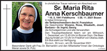 Traueranzeige von Anna Kerschbaumer von Dolomiten