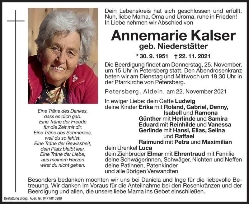  Traueranzeige für Annemarie Kalser vom 23.11.2021 aus Dolomiten