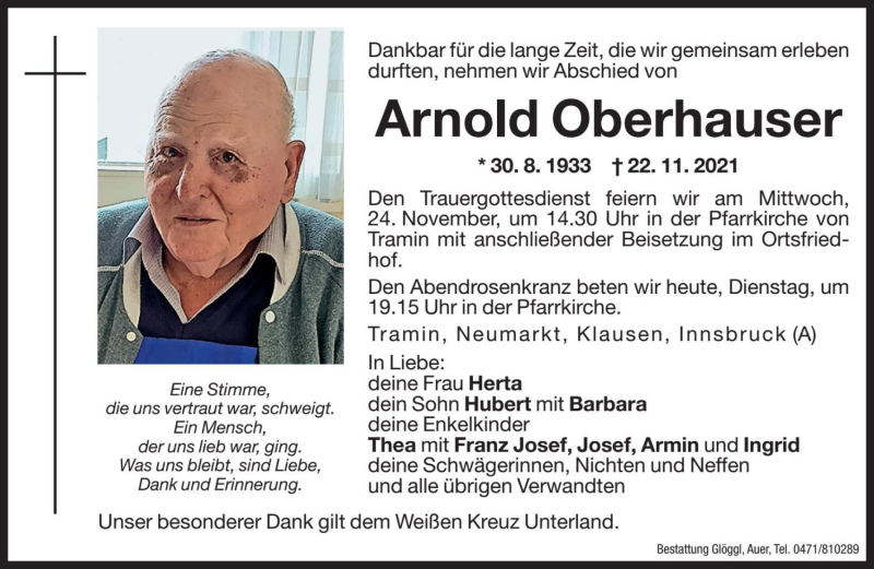  Traueranzeige für Arnold Oberhauser vom 23.11.2021 aus Dolomiten