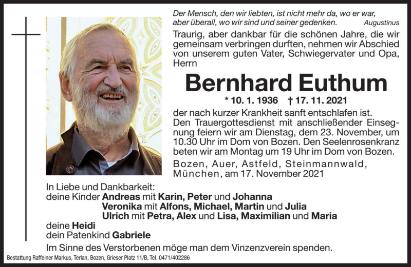  Traueranzeige für Bernhard Euthum vom 19.11.2021 aus Dolomiten
