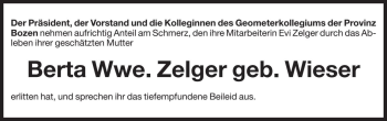 Traueranzeige von Berta Zelger von Dolomiten