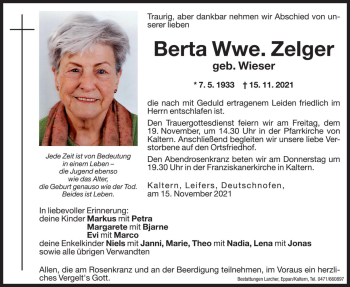 Traueranzeige von Berta Zelger von Dolomiten