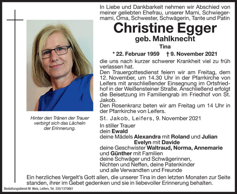  Traueranzeige für Christine Egger vom 11.11.2021 aus Dolomiten