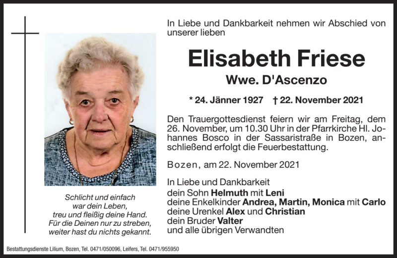  Traueranzeige für Elisabeth D'Ascenzo vom 25.11.2021 aus Dolomiten