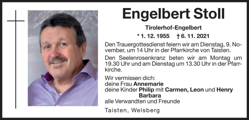  Traueranzeige für Engelbert Stoll vom 08.11.2021 aus Dolomiten