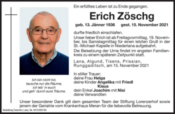 Traueranzeige von Erich Zöschg von Dolomiten