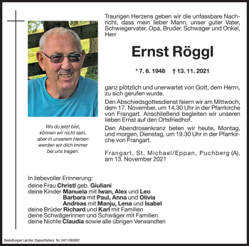 Traueranzeige von Ernst Röggl von Dolomiten