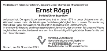 Traueranzeige von Ernst Röggl von Dolomiten