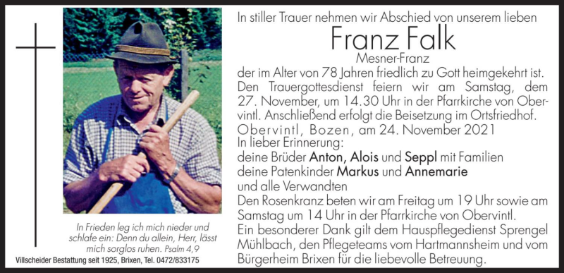  Traueranzeige für Franz Falk vom 26.11.2021 aus Dolomiten