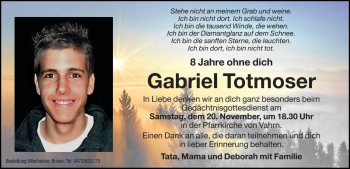 Traueranzeige von Gabriel Totmoser von Dolomiten