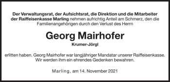 Traueranzeige von Georg Mairhofer von Dolomiten