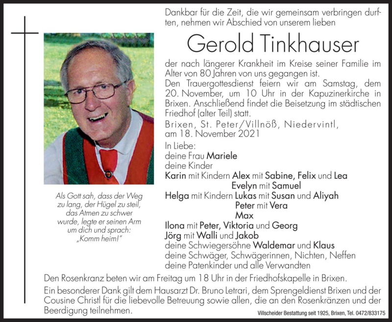  Traueranzeige für Gerold Tinkhauser vom 19.11.2021 aus Dolomiten