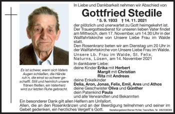 Traueranzeige von Gottfried Stedile von Dolomiten