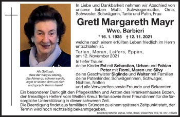 Traueranzeige von Gretl Margareth Barbieri von Dolomiten