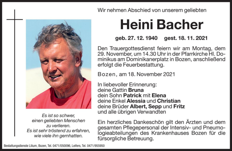  Traueranzeige für Heini Bacher vom 27.11.2021 aus Dolomiten
