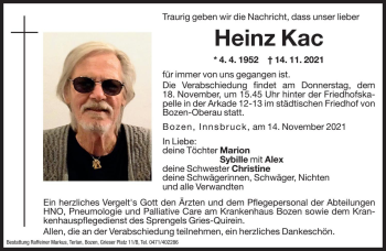 Traueranzeige von Heinz Kac von Dolomiten