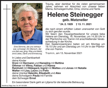 Traueranzeige von Helene Steinegger von Dolomiten
