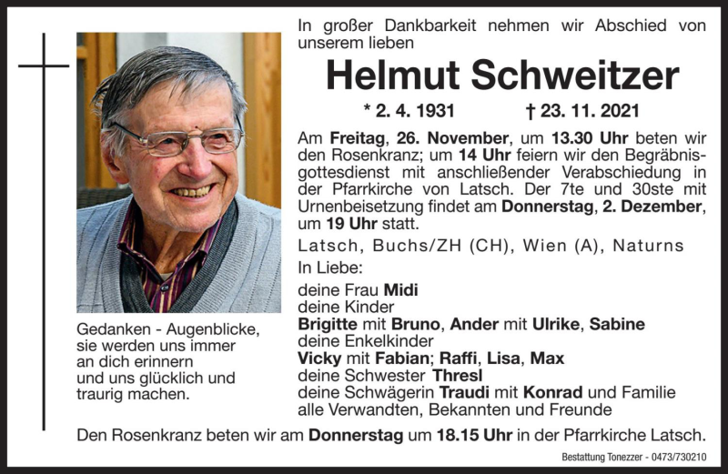  Traueranzeige für Helmut Schweitzer vom 25.11.2021 aus Dolomiten