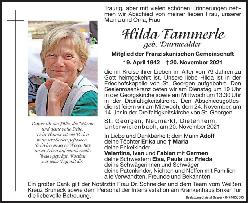  Traueranzeige für Hilda Tammerle vom 23.11.2021 aus Dolomiten
