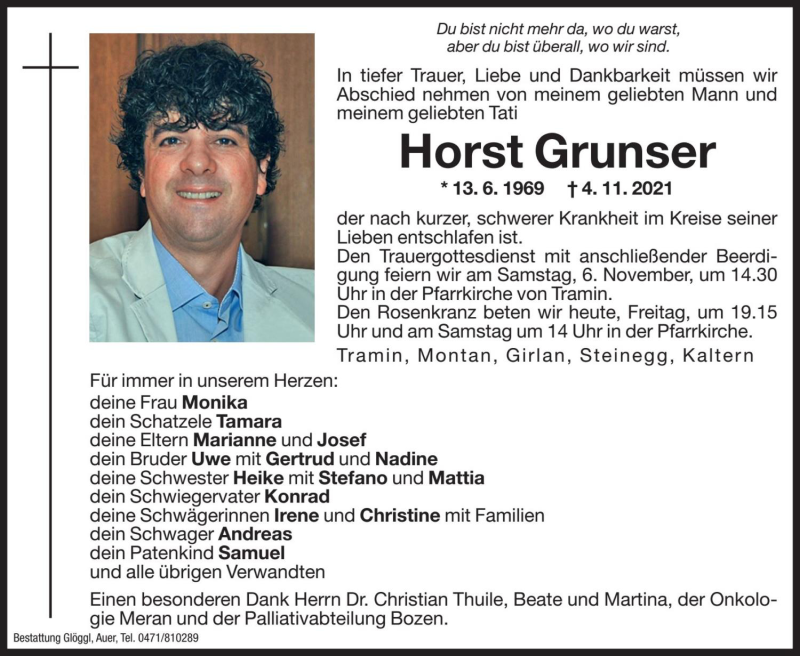  Traueranzeige für Horst Grunser vom 05.11.2021 aus Dolomiten