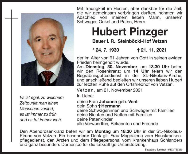  Traueranzeige für Hubert Pinzger vom 27.11.2021 aus Dolomiten