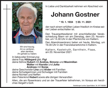 Traueranzeige von Johann Gostner von Dolomiten