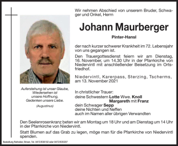 Traueranzeige von Johann Maurberger von Dolomiten