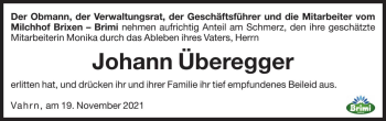 Traueranzeige von Johann Überegger von Dolomiten
