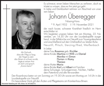 Traueranzeige von Johann Überegger von Dolomiten