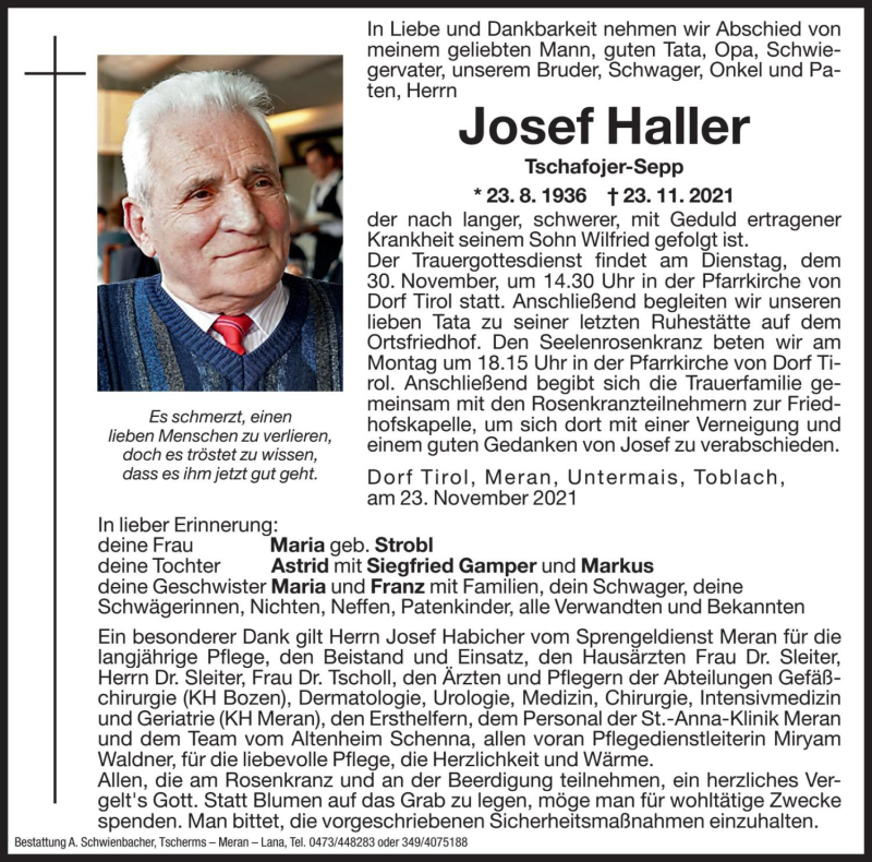  Traueranzeige für Josef Haller vom 26.11.2021 aus Dolomiten