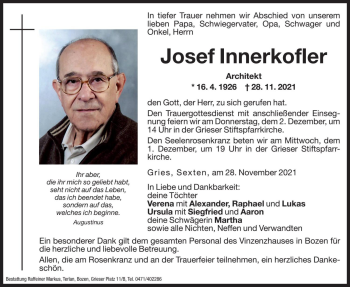 Traueranzeige von Josef Innerkofler von Dolomiten