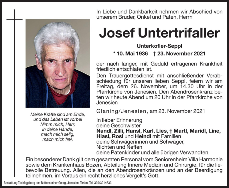  Traueranzeige für Josef Untertrifaller vom 25.11.2021 aus Dolomiten