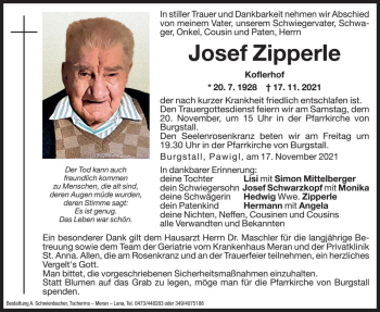 Traueranzeige von Josef Zipperle von Dolomiten