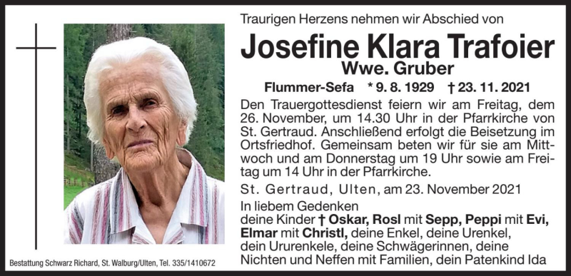  Traueranzeige für Josefine Klara Gruber vom 24.11.2021 aus Dolomiten