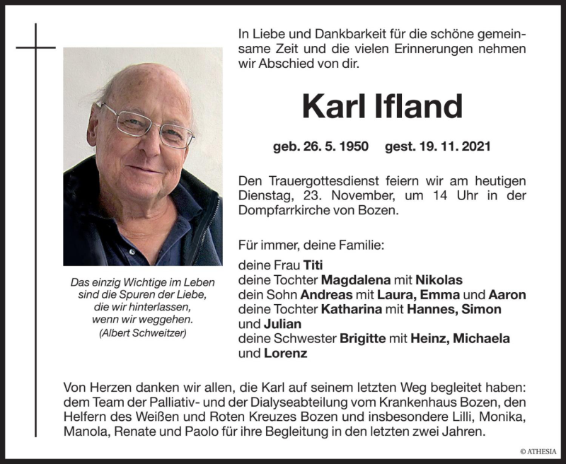  Traueranzeige für Karl Ifland vom 23.11.2021 aus Dolomiten