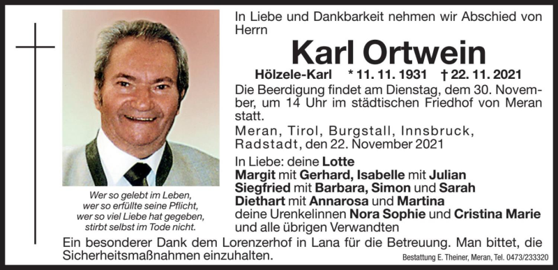  Traueranzeige für Karl Ortwein vom 26.11.2021 aus Dolomiten