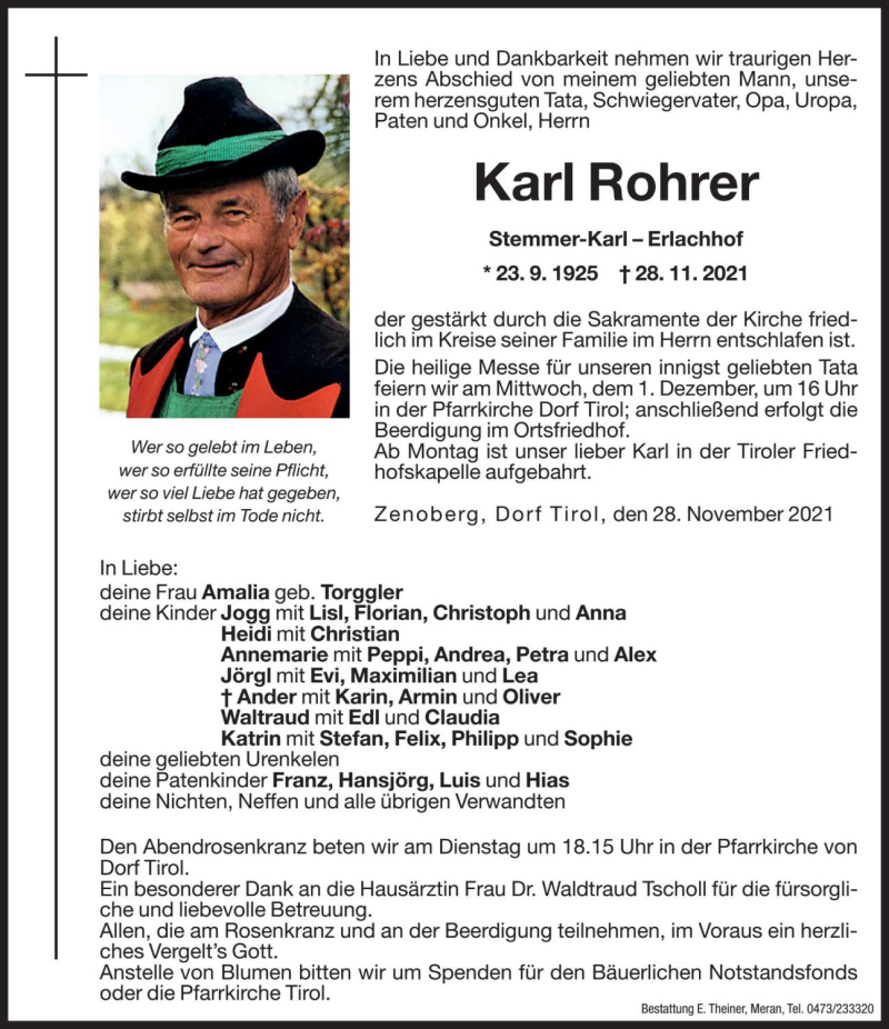  Traueranzeige für Karl Rohrer vom 29.11.2021 aus Dolomiten