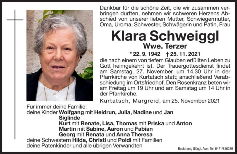  Traueranzeige für Klara Terzer vom 26.11.2021 aus Dolomiten