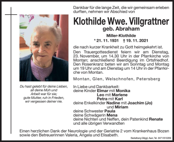 Traueranzeige von Klothilde Villgrattner von Dolomiten
